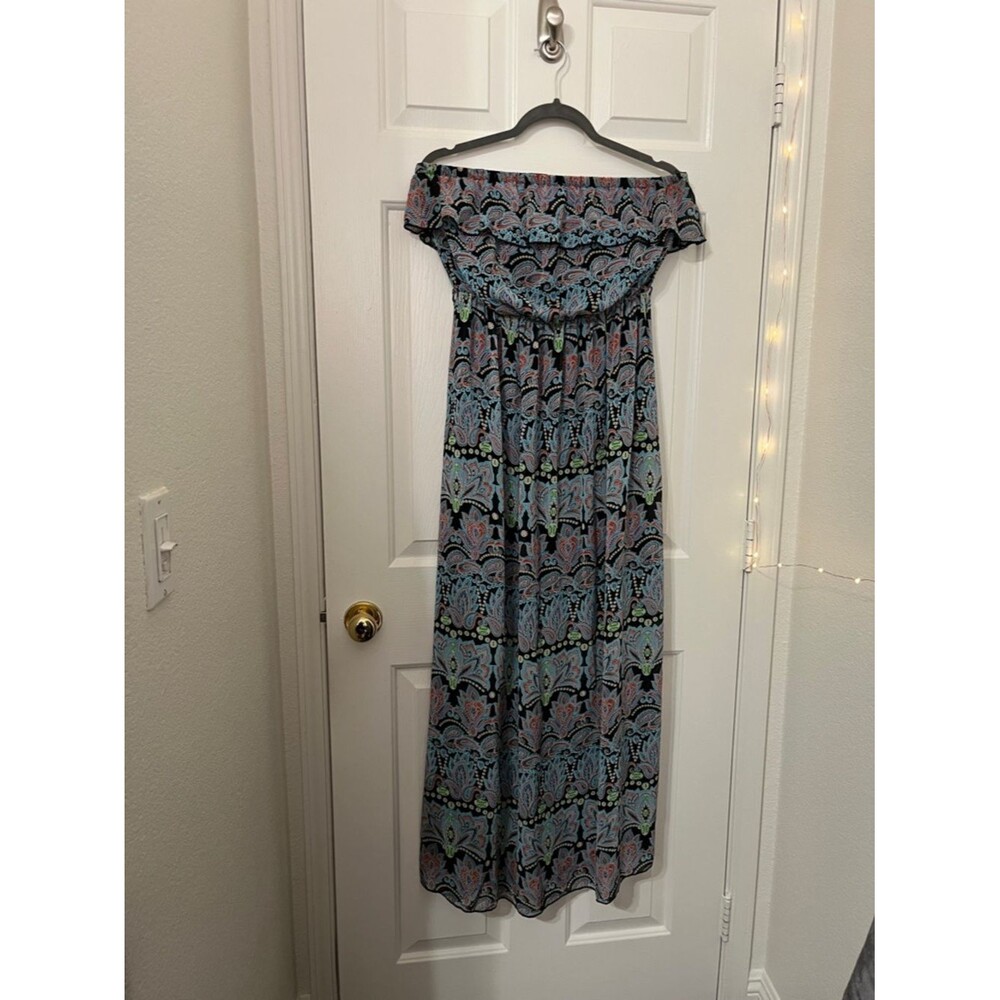 Strapless Paisley Sheer Chiffon Maxi Dress in Turquoise and Coral